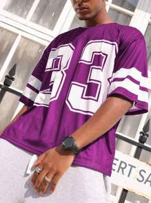 Manfinity Dauomo 男士纯色拼布圆领短袖数字印花休闲 T 恤 - 紫色 - 查看 2