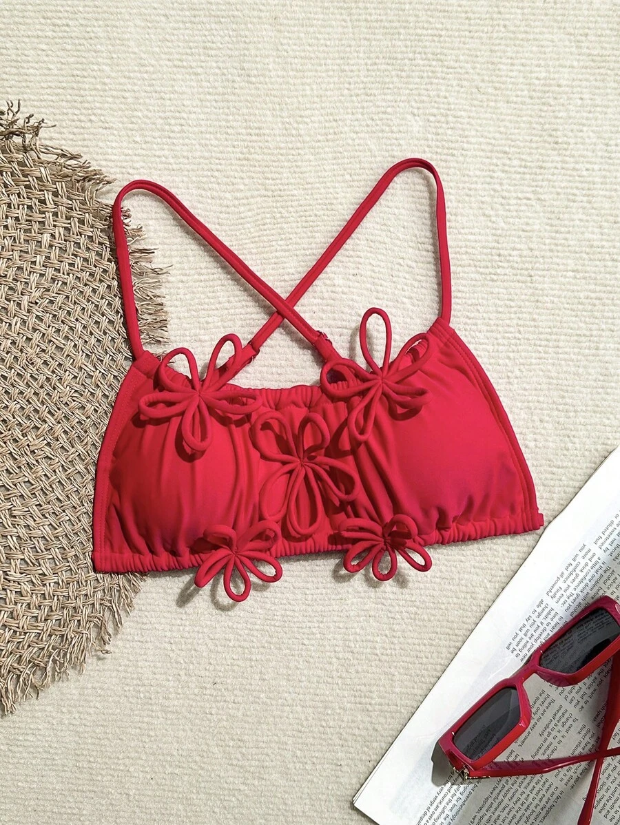 Swim Mod 1pc Women 3D Floral Applique Spaghetti Strap Bikini Top Summer - Red - View 1