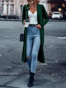 SHEIN LUNE Áo khoác cardigan mỏng nhẹ siêu dài màu trơn hở phía trước cho nữ - Màu xanh lá cây đậm - Xem 5