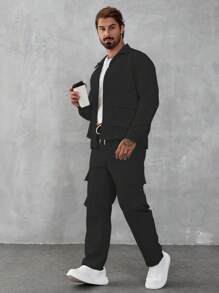 Manfinity Homme 2pcs Men Casual Button-Up Jacket And Pants Set, Daily Wear For Autumn, Men 2 Piece Set Black, Men Co Ord Set, Casual Two Piece Set Men, Men Jacket Pant Separates - Black - View 3