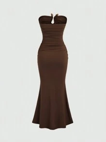 Sweetra Vestido maxi para mujer de unicolor con plisados circulares, sin tirantes y sin mangas - Marrón - Ver 2