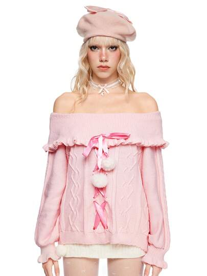 Women Kawaii Off Shoulder Bow & Pom Pom Sweater