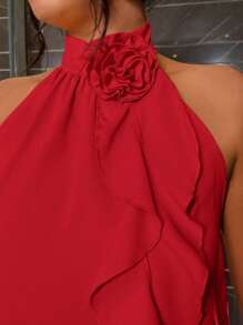 Rometta Áo cổ bèo nhún họa tiết hoa 3D thanh lịch cỡ lớn mùa hè cho quần áo năm mới - Đỏ - Xem 2