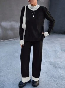 RueChic 女士罗纹针织立领落肩毛衣和毛衣裤套装 - 黑色 - 查看 5