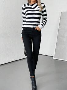 SHEIN LUNE Women Striped Print Casual Versatile Long Sleeve Pullover Sweater Knit Pullover Fall Winter - Black and White - View 3