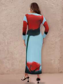 SHEIN Unity 大码女式优雅高开叉花卉印花连衣裙，秋季 - 彩色 - 查看 2