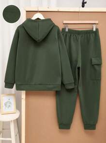 SHEIN 2pcs Kids/Tween Boy Casual Letter Graphic Hoodie Sweatshirt And Loose Drawstring Pants Knit Set, Suitable For Commuting, School, Casual, Vacation, Sports, Fit For Spring, Summer, Autumn, Winter Seasons