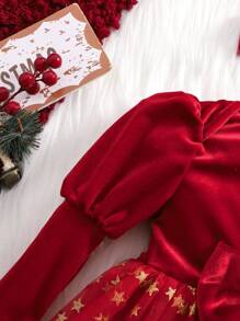 SHEIN 新生女宝宝可爱网纱拼接长袖连体衣，带蝴蝶结，适合圣诞节 - 紅色 - 查看 3