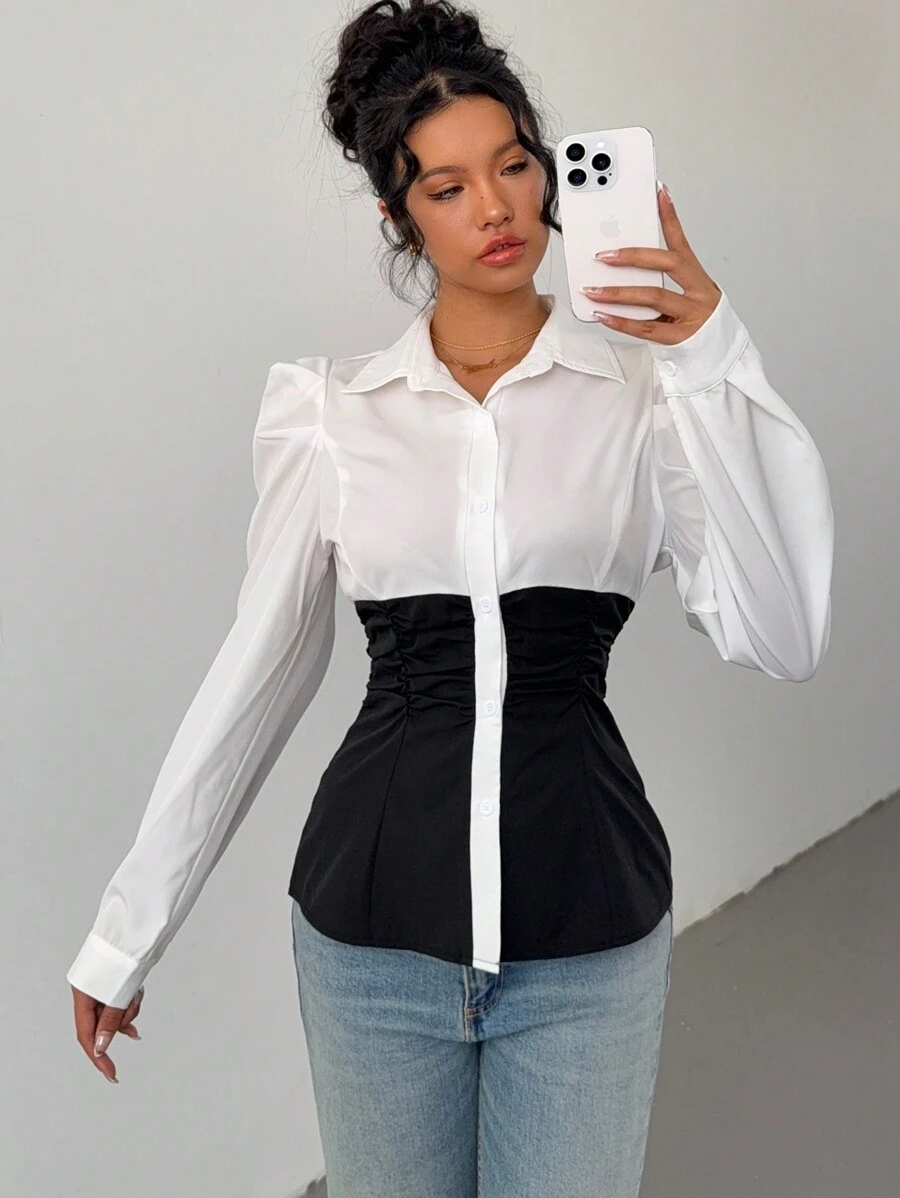 SHEIN Unity 1pc Women's White And Black Patchwork Collared Long Sleeve ...