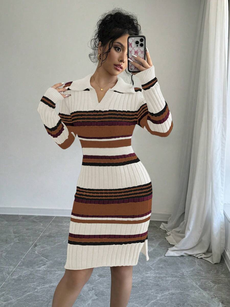 Chiquease Robe pull ajustée à manches longues avec imprimé de rayures contrastées pour femmes - Multicolore - Voir 1