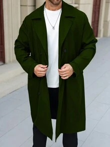 Manfinity Homme Plus Size Men Casual Solid Color Double-Breasted Trench Coat, Autumn - Green - View 6