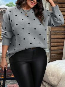 SHEIN LUNE 大码休闲落肩波点图案毛衣，秋冬针织套头衫 - 淺灰色 - 查看 3