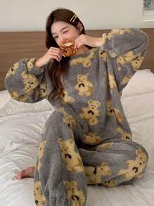 DAZY Cute Bear Pattern Flannel Thicken Pajama Set For Winter,Thermal Lined