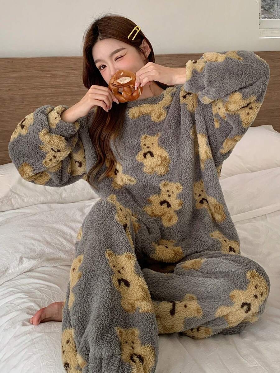DAZY Cute Bear Pattern Flannel Thicken Pajama Set For Winter,Thermal Lined