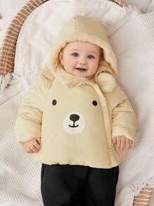 SHEIN 新生男童/女童休闲可爱熊图案保暖连帽厚棉外套，适合秋冬季户外和家居穿着