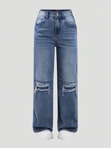 Explorewe Quần Jeans Denim Thường Ngày Túi Rách Phong Cách Đường Phố Cho Bé Gái Tuổi Teen - Rửa tối - Xem 1