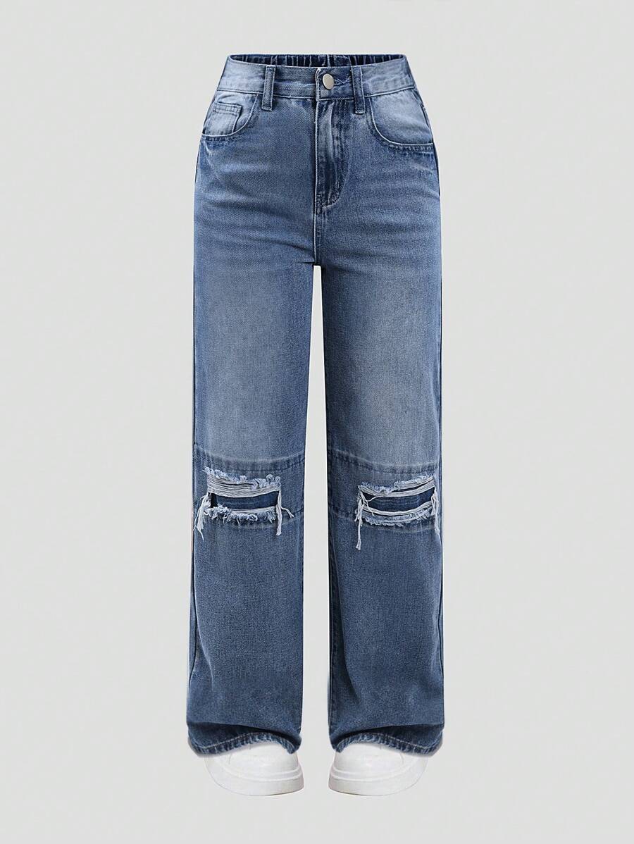 Explorewe Quần Jeans Denim Thường Ngày Túi Rách Phong Cách Đường Phố Cho Bé Gái Tuổi Teen - Rửa tối - Xem 1