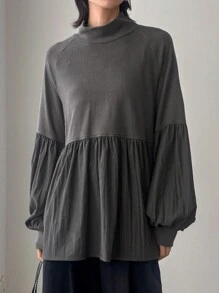 FRIFUL Women Loose Hemline Mixed Fabric Blouse