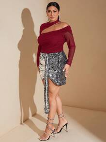 SHEIN BAE 大码女式秋冬长袖弹力网眼纯色百搭性感优雅约会不对称领褶皱修身紧身衣 - 酒紅色 - 查看 7