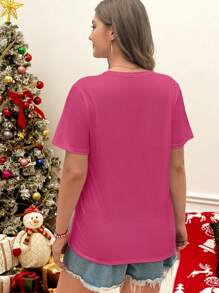 Flirla Plus Size Christmas Printed Short-Sleeved T-Shirt, Rose Red T-Shirt, Christmas Short-Sleeved, Casual Round-Neck Short-Sleeved, Suitable For Summer, Women's Clothing Graphic Tees Women Tops