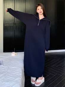 DAZY 休闲拉链加大码海军蓝领休闲连衣裙 - 藏蓝色 - 查看 7