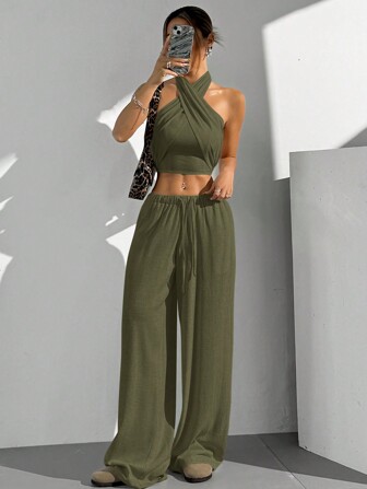 SHEIN EZwear Damen 2-teiliges Set aus geschnürter enger Kurz-Bluse und Hose, Lässig Outfit