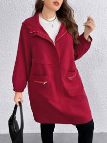 SHEIN LUNE Women's Fashionable, Elegant, Hooded, Pocketed, Zipper Decorated, Versatile, Thick Autumn/Winter Plus Size Jacket, Suitable For Halloween, Christmas, New Year, Valentine's Day, Thanksgiving, Parties And Galas - Burgundy - View 3