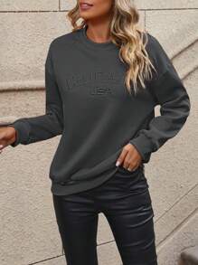 SHEIN Clasi Letter Embroidery Round Neck Casual Versatile Long Sleeve Sweatshirt Pullover Fall - Grey - View 3