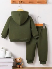 Baby Boy Tjock Fleece Huvtröja & Byxor Outfit, Casual Mode Set, Höst/Vinterkläder - Armé Grön - Visa 2