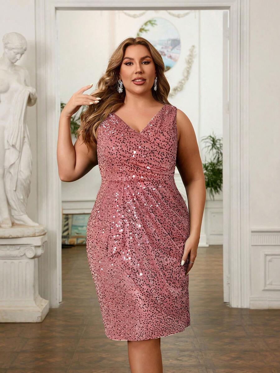 SHEIN Belle 加大码不对称裹身优雅 V 领短款亮片面料鸡尾酒会礼服，橄榄绿，舞会半正式礼服，适合生日、婚礼嘉宾、毕业典礼、晚宴、返校节