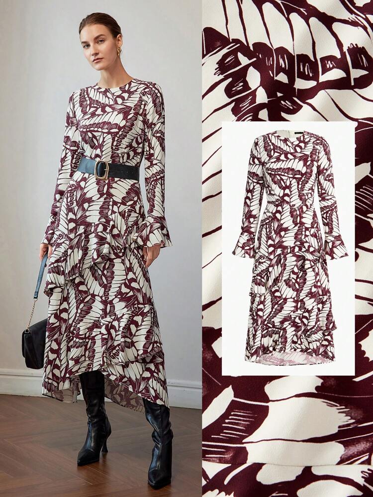 ALLOVER PRINT BELL SLEEVE LAYERED RUFFLE TRIM DRESS WITHOUT BELT