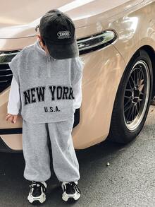 Bộ 2 sản phẩm/bộ áo chui đầu cổ tròn in chữ phong cách Hàn Quốc giản dị cho bé trai và quần nỉ màu trơn, thích hợp mặc đi học, làm vườn, đi biển, sinh nhật, xuân/hè/thu/đông - Xám - Xem 2