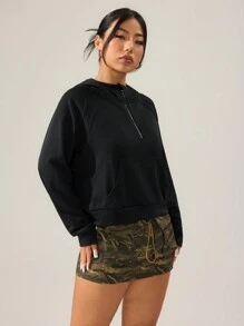 Casual Solid Color Raglan Sleeve Drawstring Crop Hoodie Sweatshirt