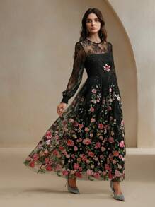 Anewsta Váy tay đèn lồng thêu hoa thanh lịch cho nữ mùa thu - màu đen - Xem 3