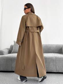 SHEIN EZwear Autumn/Winter New Brown Lapel Double-Breasted Long Women's Trench Coat