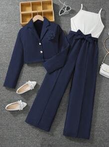 2 件套青少年女孩优雅休闲办公装针织背心和短裤（配腰带） - 藏蓝色 - 查看 5