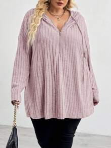SHEIN CURVE+ بلوزة كاجوال فضفاضة مقاس كبير مزودة بغطاء رأس وسحاب نصفي مفتوح مع نسيج، للشتاء - الأرجواني - مشاهدة 5