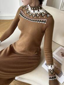 Mulvari Váy len dệt kim dài cổ cao họa tiết hình học cho nữ, thường ngày cho mùa thu/đông - Màu Khaki - Xem 6