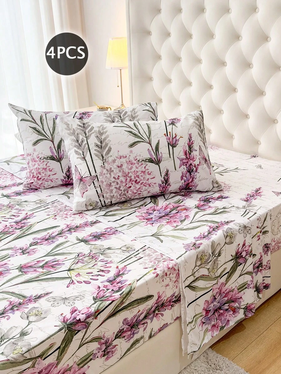 4pcs 100% Polyester Printed Bedding Set (2 Pillowcases + 1 Bed Sheet + 1 Fitted Sheet), Modern Polyester Bedding Set Suitable For All Seasons - Multicolor - View 1