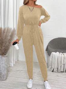 SHEIN LUNE 1 pièce Combinaison décontractée à manches longues de couleur unie avec col asymétrique et poche