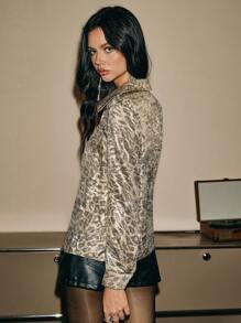 Poéselle 秋季闪亮金银丝绸印花豹纹长袖女衬衫，金色豹纹衬衫，波西米亚风衬衫，金色长袖衬衫，派对衬衫，圣诞女装，派对女装 - 彩色 - 查看 2