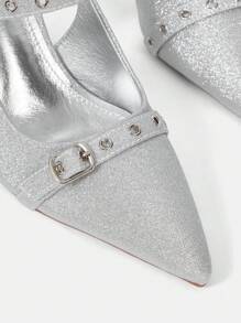 CUCCOO HITCHD Sexy Metallic Pointed Toe Double Chain Backless High Heel Shoes, Modern Party Spring Shoes Spring Break Easter Prom Heels - Silver - View 5