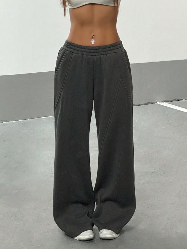 StreetHx Women Basic Elastic Waist Pocketed Loose Fit Thermal Lined Wide Leg Winter Baggy Pants, For Streetwear