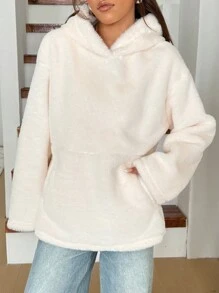 SHEIN EZwear Plush Hoodie With Pockets, Women Regular Fit Winter Long Sleeve Jacket - Beige - View 3