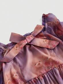 SHEIN MOD Plus Size Dreamy Princess Rose & Bear Print Puff Sleeve Bow Detail Dress, For Dates, Birthday