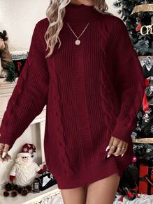 EMERY ROSE 女士纯色高领长袖简约短款针织毛衣连衣裙，休闲日常穿着 - 酒紅色 - 查看 6