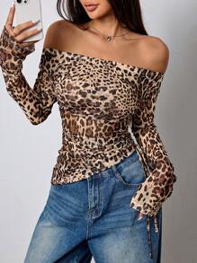 SHEIN Unity Leopard Print Off Shoulder Long Sleeve Asymmetric Hem Drawstring Blouse - Multicolor - View 6