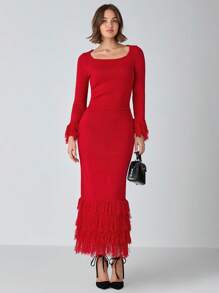 Enchnt Femmes Pull ajusté élégant de couleur unie avec poignets en dentelle, automne/hiver - Noir - Voir 1