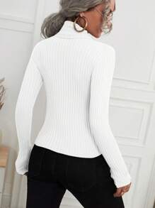 EMERY ROSE Classic Solid High Collar Ribbed Knit Casual Long Sleeve Pullover Sweater, Long Sleeve Top Knit Pullover Fall Winter - White - View 4