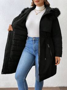 SHEIN LUNE Plus Size Women Solid Color Patchwork Fuzzy Hooded Casual Padded Coat For Winter Fall Cloth For Women - Black - View 4
